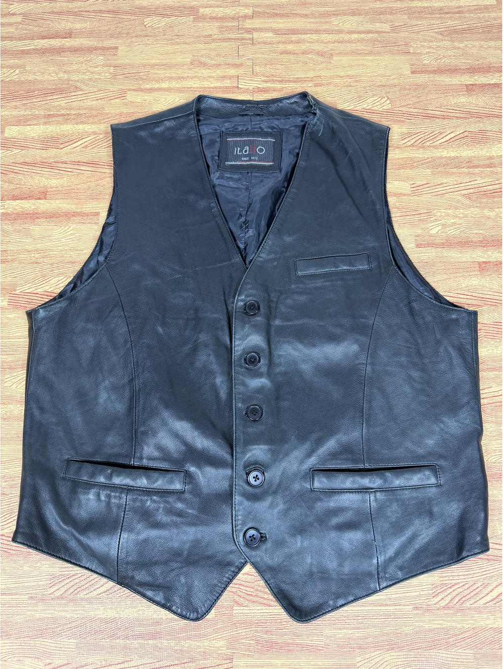 Itallo Genuine Leather Vest Mens Black Button Front Waistcoat